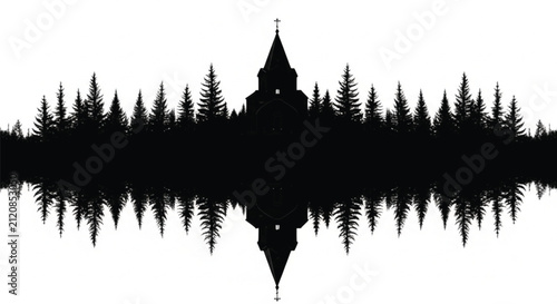 Abstract Silhouette of Pine Forest Reflected in Water on White Background