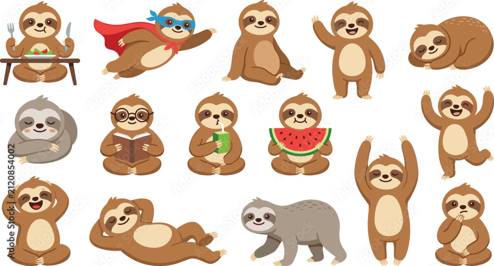 Fototapeta premium Cute Cartoon Sloth Character Vector Emoji Set Featuring Funny Poses Eating Watermelon Reading Flying and Sleeping for Kids Graphic Designs