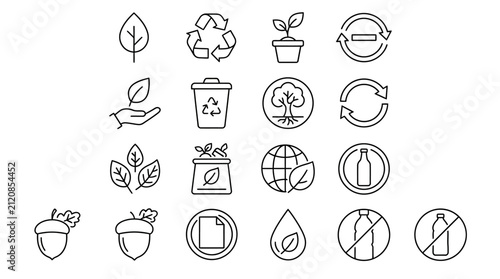 Environmental icons highlighting recycling, sustainability, nature preservation, and waste reduction are organized in a clean line-art grid.