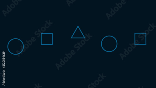   
Abstract seamless blue outline geometric shape pattern with circle square triangle alternation on dark background creating modern vector design