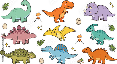 Cuadro en lienzo Cute dinosaur cartoon vector collection featuring Brontosaurus, Tyrannosaurus, T
