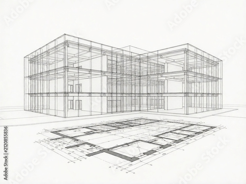 Architectural wireframe of a modern building with floor plan