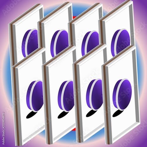 3D Grid of 8 White Square Panels with Glossy Purple Buttons on Purple Pink Gradient Background