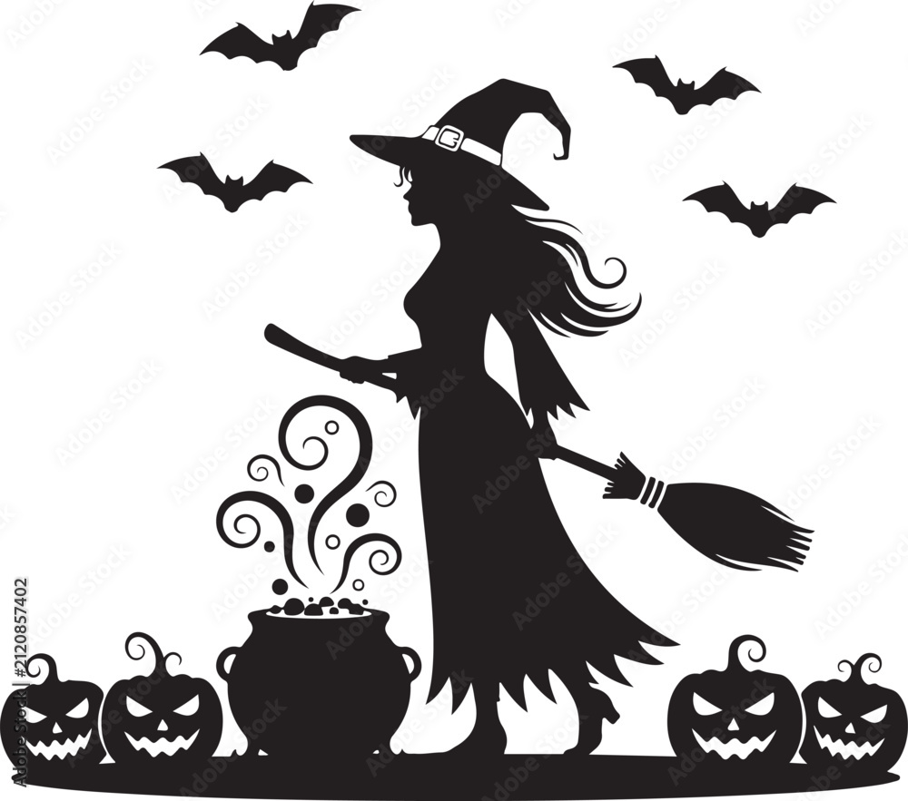 Fototapeta premium Halloween witch with cauldron and pumpkins silhouette for spooky celebration