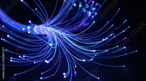 Abstract fiber optic cables glowing blue and purple, high speed internet connection, data transmission technology, network communication, digital information flow