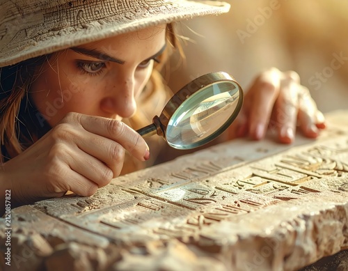 Archaeologist examining ancient hieroglyphs with a magnifying glass.