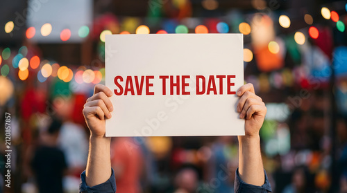 Hands holding white sign with save the date text in festive colorful background with blurred background colorful lights crowd activity evoking celebration anticipation