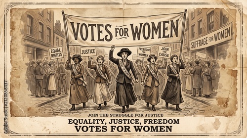 Vintage style illustration of women marching for votes and equal rights with protest signs and a large banner in a city street