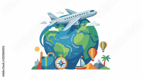 Travel around the world with airplane hot air balloon boat and suitcase