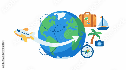 Travel around the world with an airplane boat and suitcase