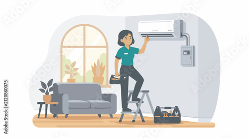 Technician repairs an air conditioner inside a living room