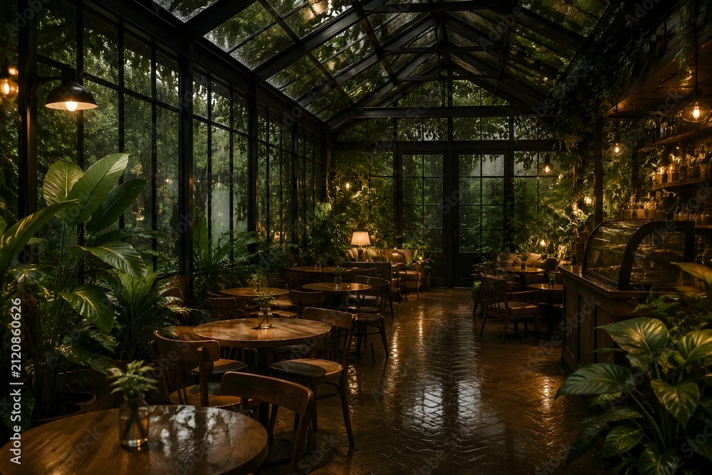 Fototapeta premium Glass Coffee Shop Conservatory with Indoor Plants Wooden Furniture Gentle Rain and Dreamy Cinematic Ambience