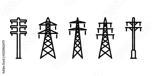 Power transmission tower icon set featuring utility poles, electricity pylons and overhead power line structures for energy infrastructure and electrical grid designs.