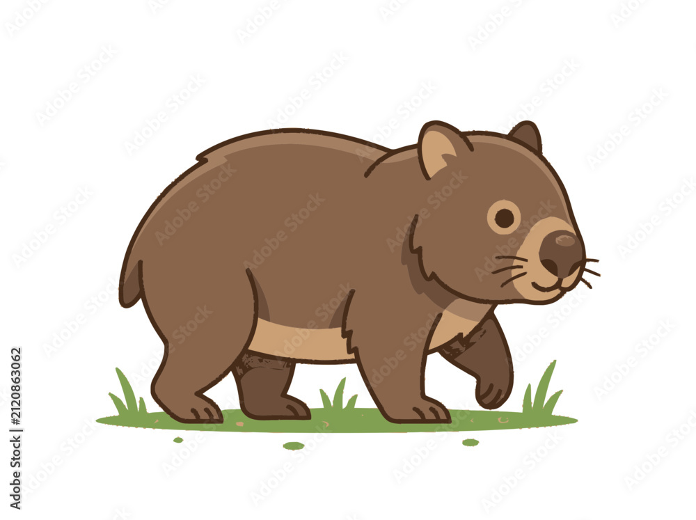 Fototapeta premium Cute Wombat Walking on Green Grass, Cartoon Style