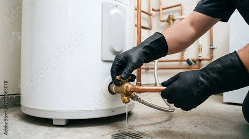 A technician in black rubber gloves turns the brass drain valve of a white electric water heater tank to drain water into a floor drain.