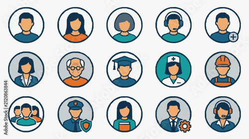 Dynamic Set of 15 Colorful Flat Icons Representing Diverse Professional Roles and Occupations with high quality professional line art symbols for modern creative design and digital branding projects