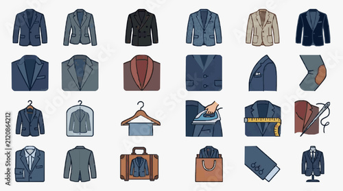 Clean of Various Men s Suits Jackets and Tailoring Accessories in Multiple Colors and Styles with high quality professional line art symbols for modern creative design and digital branding projects