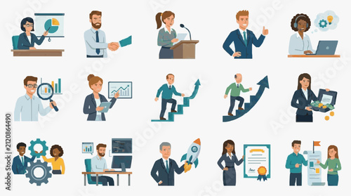 Professional Illustrated Icons Showcasing Business Growth Teamwork Analytics and Corporate Success in Vibrant Colors