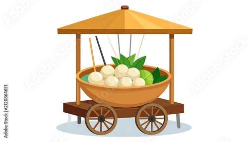 Wooden serving cart with fresh herbs and vegetables.