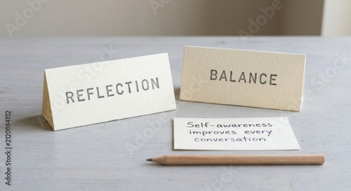 Reflection and Balance labels with self-awareness note and pencil on a table