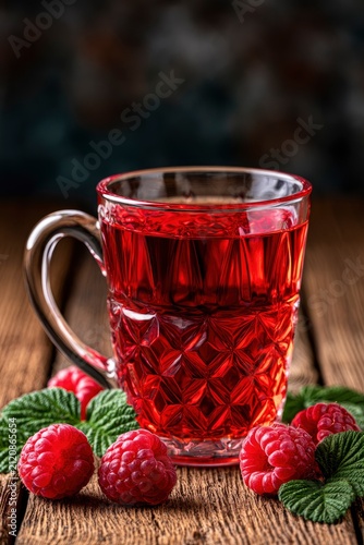 Red berry juice in textured glass mug with ripe raspberries on rustic timber featuring macro focus for health drink branding