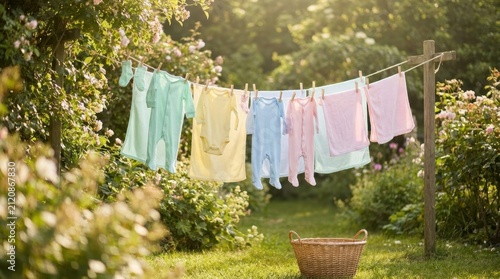 Baby clothes and towels drying on a clothesline in a sunny garden setting baby care