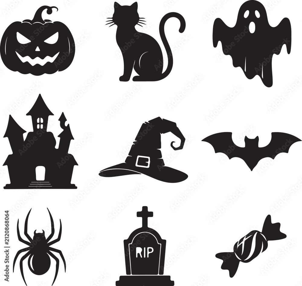 Fototapeta premium Spooky Halloween Icons A collection of eerie silhouettes captures the essence of Halloween, with icons of a pumpkin, black cat, ghost, haunted house, witch's hat, bat, spider, tombstone, and candy.