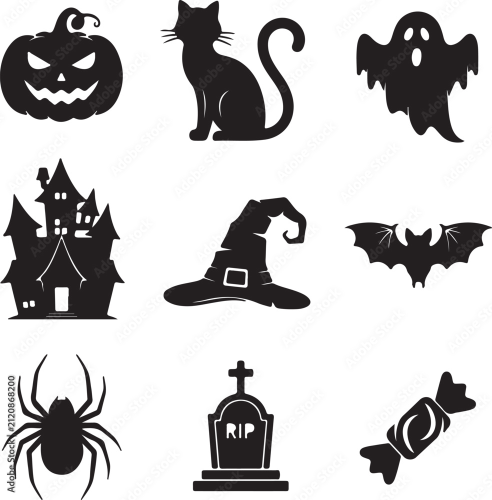 Fototapeta premium Spooky Halloween Icons A collection of eerie silhouettes captures the essence of Halloween, with icons of a pumpkin, black cat, ghost, haunted house, witch's hat, bat, spider, tombstone, and candy.