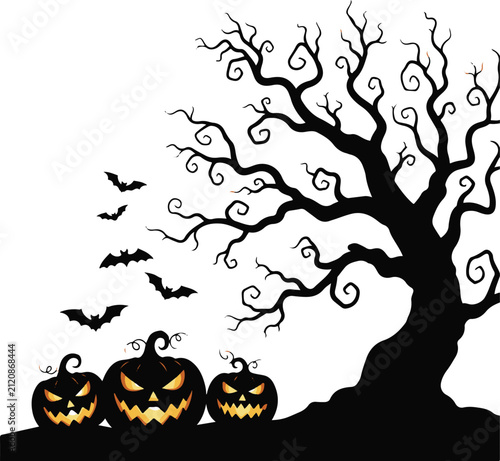 Spooky Halloween night vector with a scary pumpkin, bats, and a black cat silhouette under the orange moon