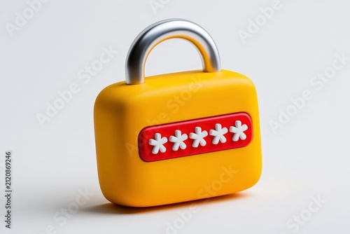 Yellow padlock featuring password symbols on white background with sharp focus for cybersecurity advertising
