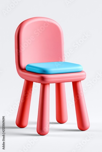 Childrens pink plastic chair standing on white background with minimalist studio lighting and soft shadows for nursery interior design marketing