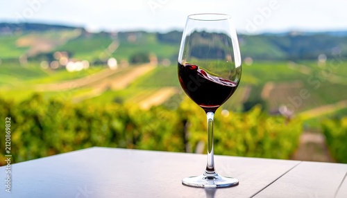 Glass of Red Wine Overlooking Vineyard Landscape.