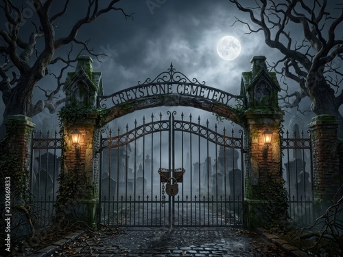 Ornate iron cemetery gates stand chained shut in a misty graveyard at night. Halloween Wallpaper Background image