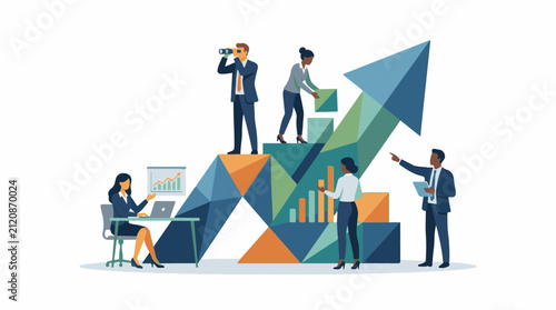Business team collaborates on upward graph symbolizing growth