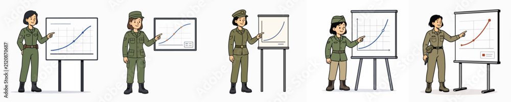 Obraz premium Set of vector illustrations featuring a female soldier giving a presentation, arranged in a curved layout.