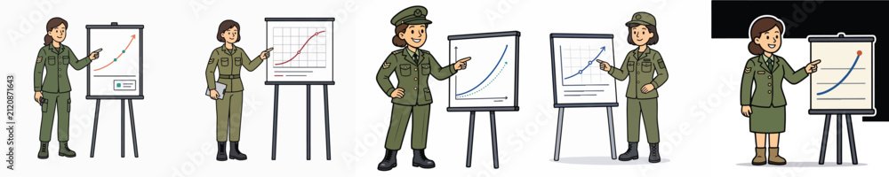 Obraz premium Set of vector illustrations featuring a female soldier giving a presentation, arranged in a curved layout.