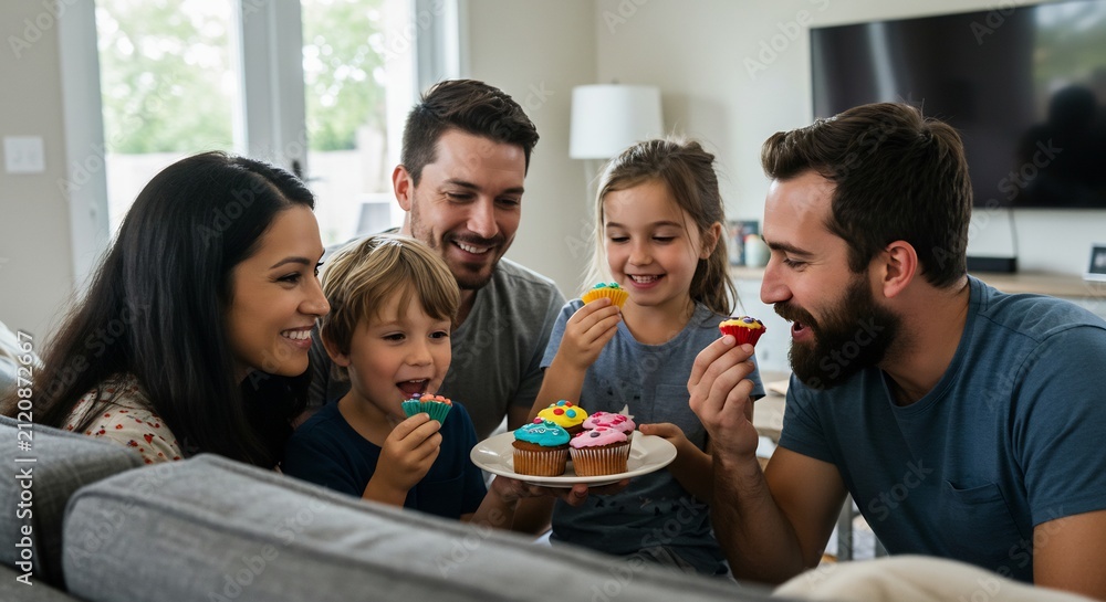 Obraz premium Cupcake Joy: A happy family enjoys a moment of sweetness, sharing colorful cupcakes and smiles on a cozy couch. Capturing the warmth of togetherness and simple pleasures.