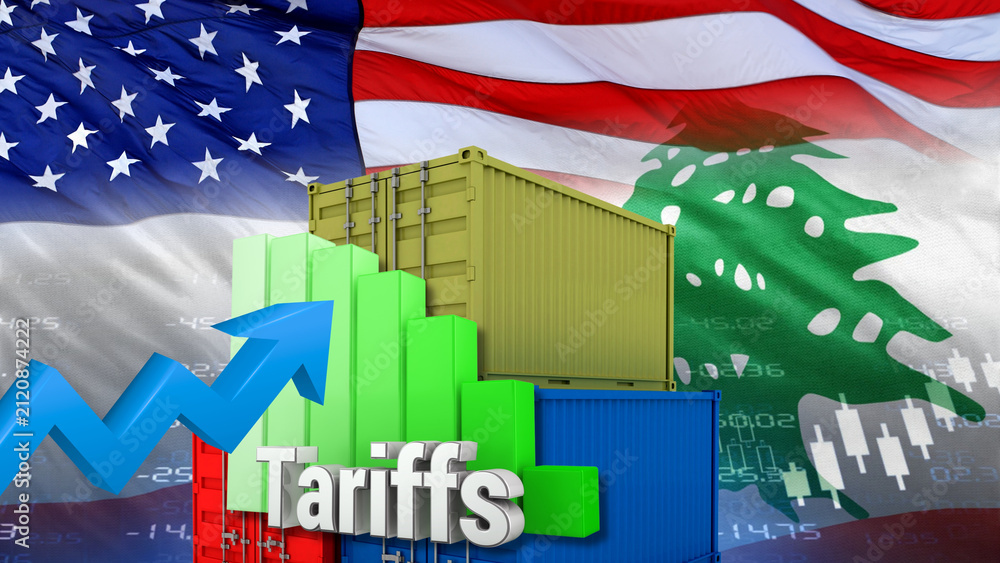 Fototapeta premium American and Lebanese flags, shipping containers, and financial charts illustrate American and Lebanese tariffs, trade policy, economic relations, and increased tax sanctions.