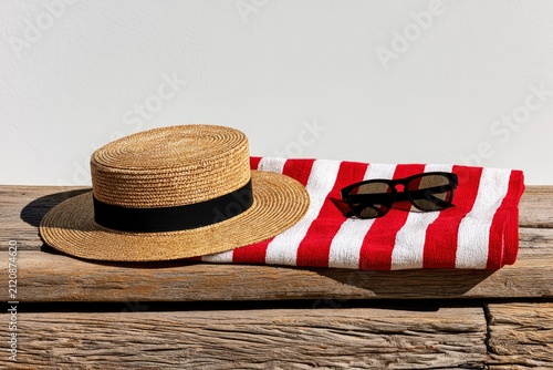 Straw boater hat resting on red striped towel with sunglasses on weathered wood in bright sunlight with minimalist composition for summer marketing