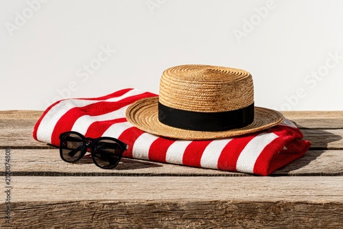 Straw boater hat with sunglasses and striped towel resting on weathered wood in minimalist studio with hard shadows for travel and leisure marketing