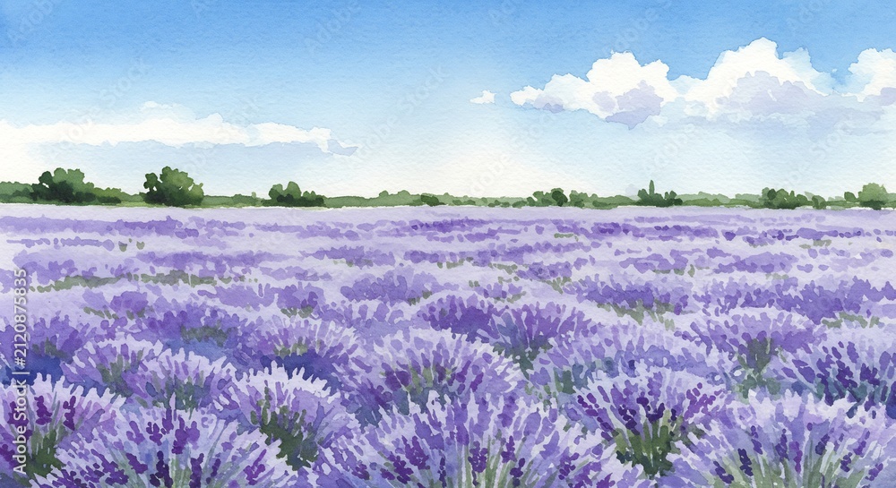 Obraz premium Lavender Field under Blue Sky: A vast expanse of fragrant lavender bushes stretches towards the horizon, under a clear blue sky dotted with fluffy white clouds.