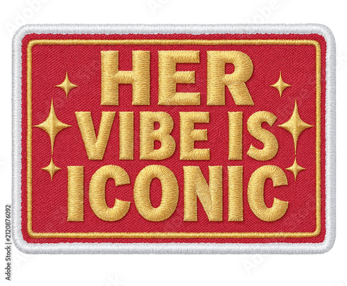 Her Vibe Is Iconic Bold Gold Yellow Embroidered Patch on Red Background with Stars – PNG Transparent