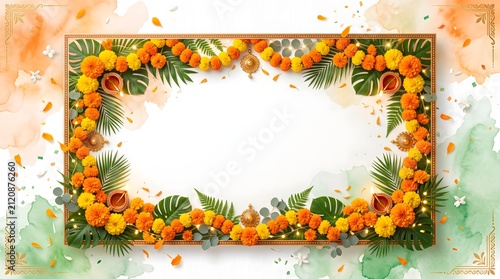 Indian Festival Frame with Marigold Flowers and Diyas on Watercolor Background