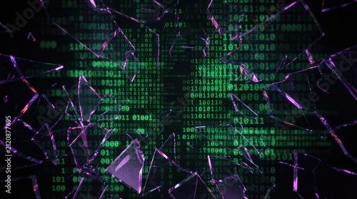 Shattered glass displaying binary data code over dark background with fragmented glass pieces revealing glowing green binary code patterns against deep