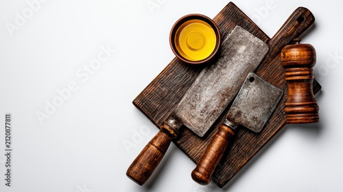 Vintage meat cleavers resting on weathered wooden boards over white background in professional studio flat lay for culinary branding