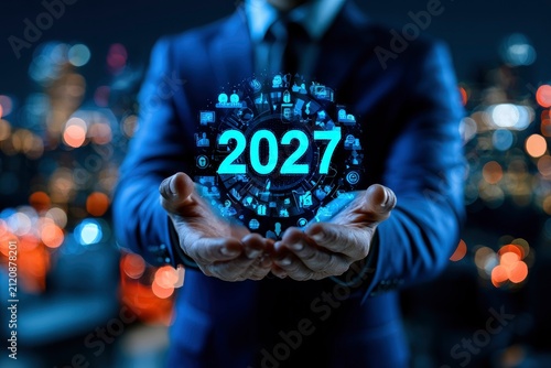 Glowing 2027 digital interface held by businessman against city bokeh in sharp focus for future corporate planning and technology marketing