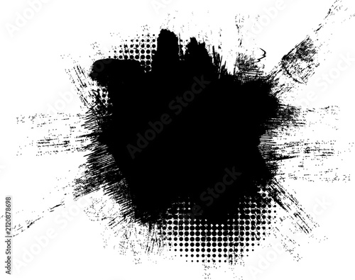 black ink brush painting banner panel artistic grunge graphic element with halftone pattern texture abstract background