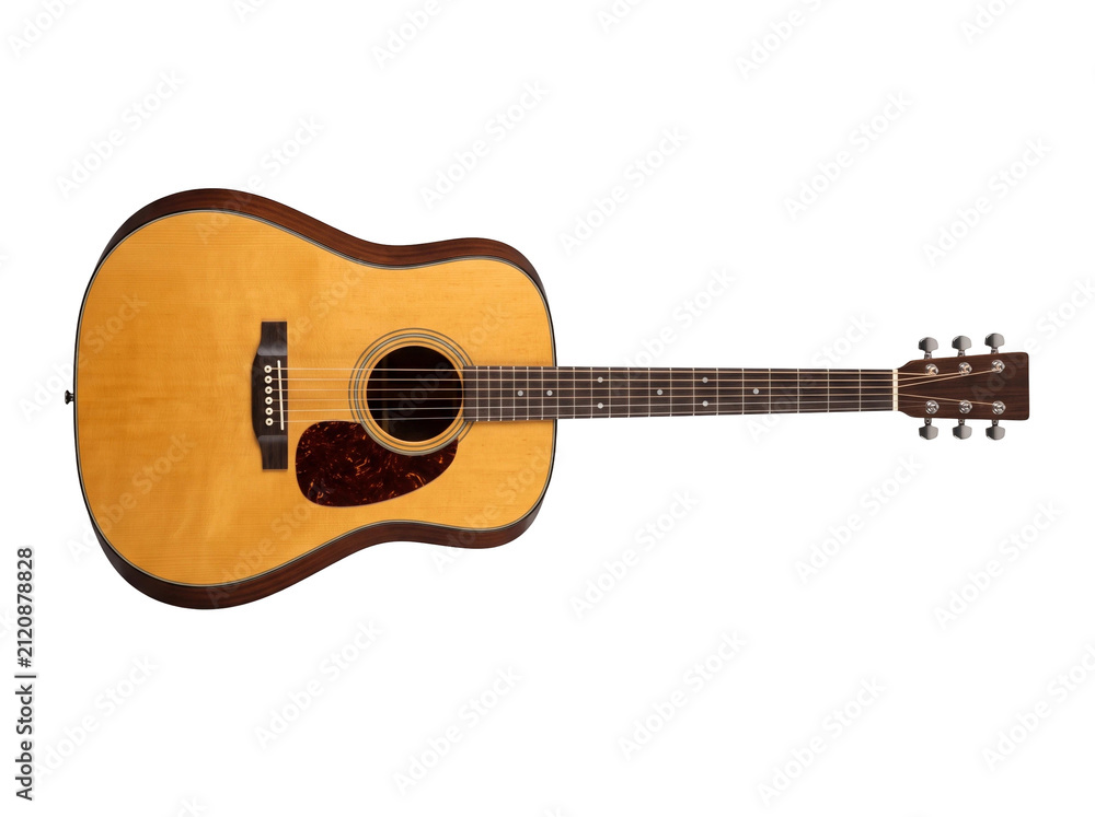 Obraz premium Acoustic guitar isolated on white. Wooden six string musical instrument for performance.