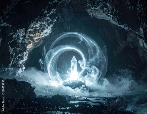 Glowing crystal inside dark cavern with swirling smoke.
