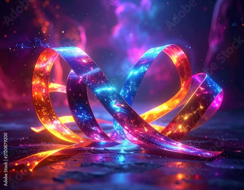 Glowing neon galaxy ribbon on dark floor.
